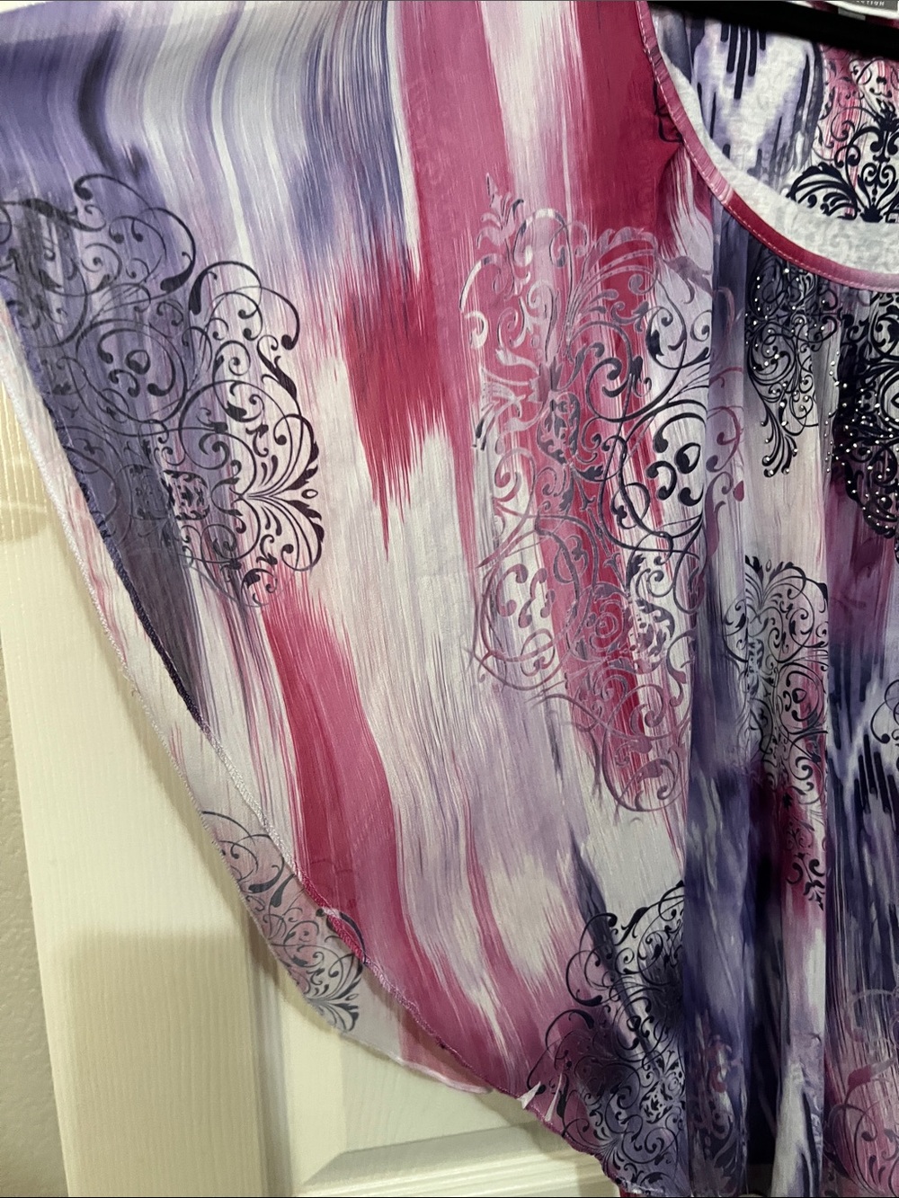JM Collection Pink Purple and White Watercolor-Print Flutter Sleeve Tunic NWOT - Picture 4 of 6